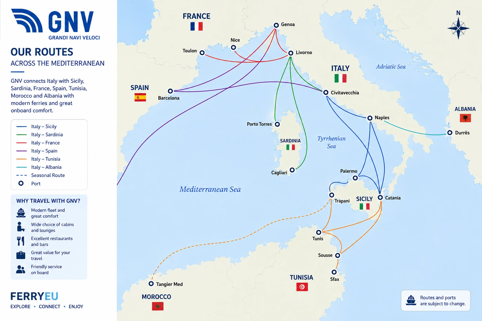 Carte des liaisons de Grandi Navi Veloci (GNV)