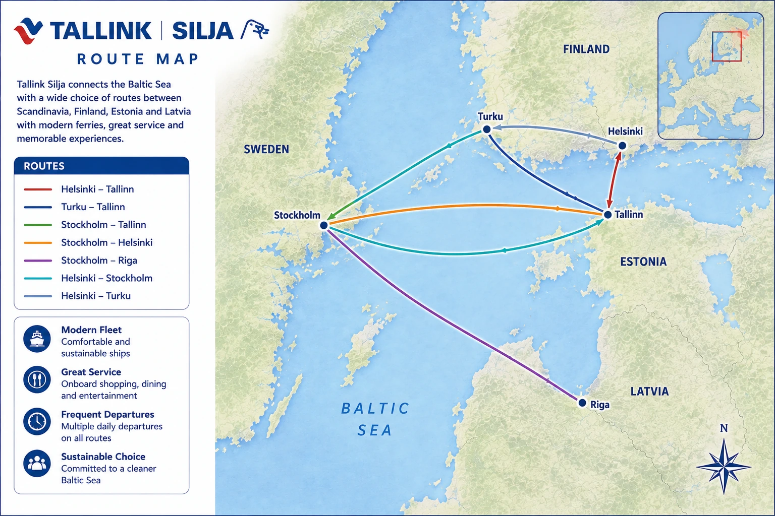 Carte des liaisons de Tallink Silja Line